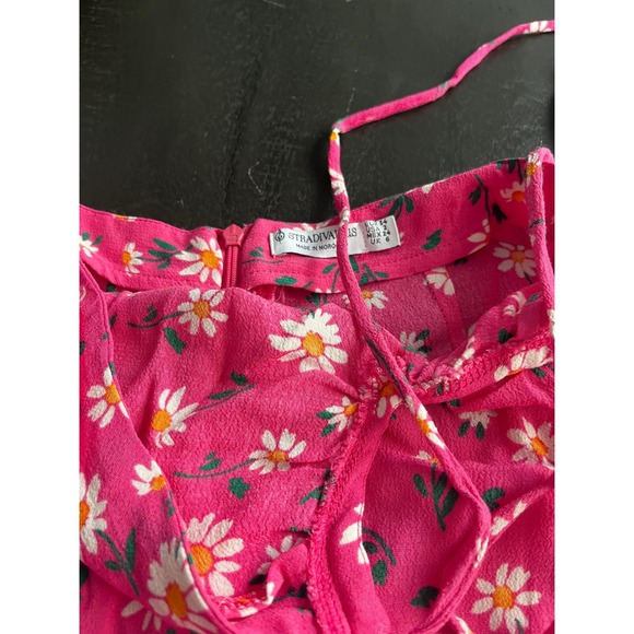 Stradivarius Pink Daisy Floral Midi Skirt Side Slit Lace Up Back Size US 2 - Picture 4 of 6